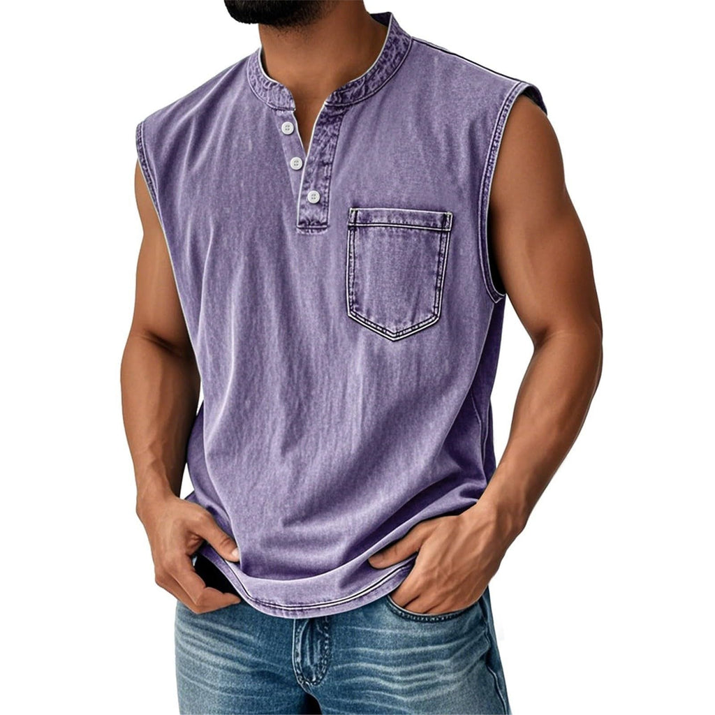 Men Stand Collar Henley Sleeveless Tank Top