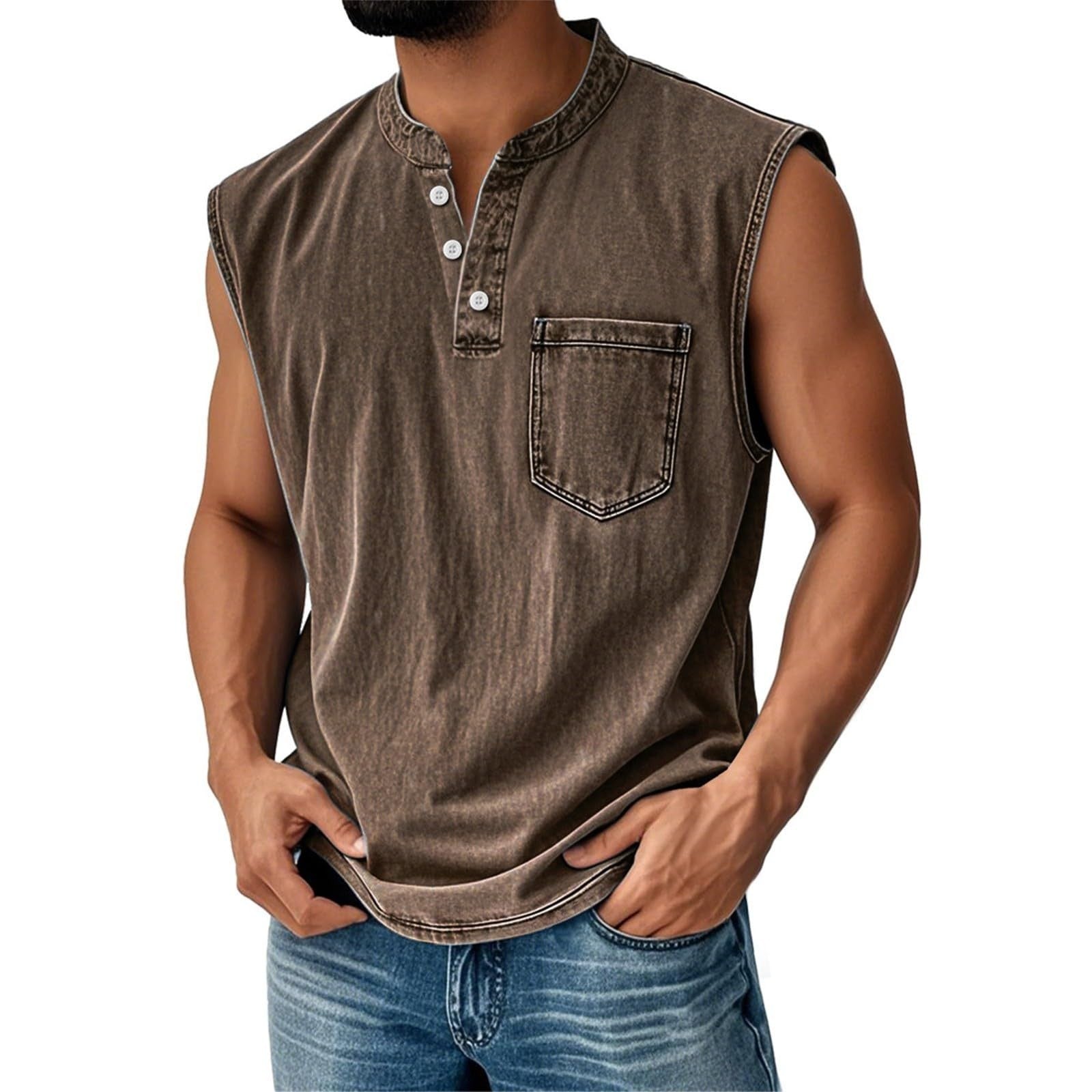 Men Stand Collar Henley Sleeveless Tank Top
