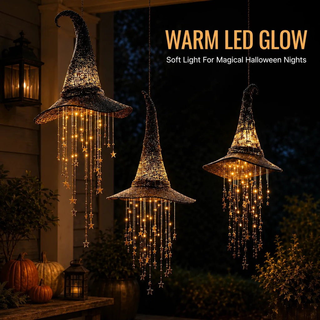 Lighted Witch Hat Hanging Star Chime — Halloween LED Decor
