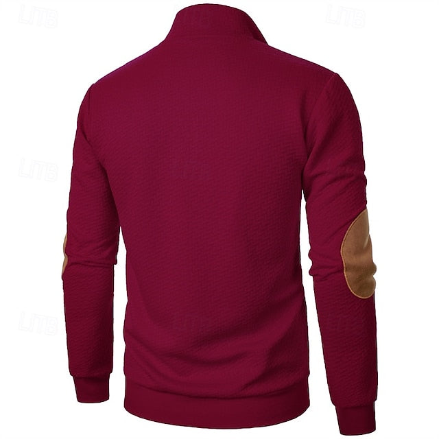 Men's Sweatshirt Black Wine Navy Blue Khaki Dark Gray Standing Collar Color Block Jacquard Patchwork Sports & Outdoor Daily Holiday Textured Streetwear Basic Casual Spring &  Fall Clothing Apparel