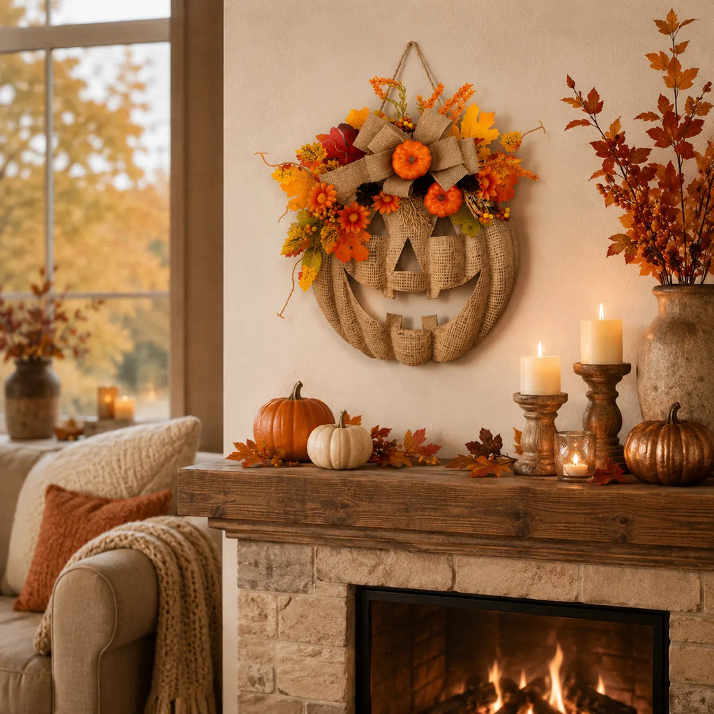 Lighted Burlap Pumpkin Wreath with Remote Control 🎃✨ Cozy Fall Door Decor with 8 Light Modes & Warm LED Glow