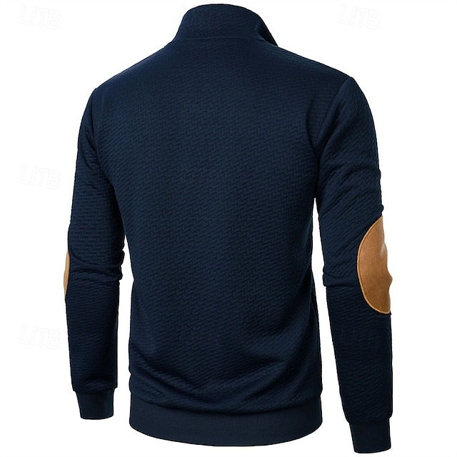 Men's Sweatshirt Black Wine Navy Blue Khaki Dark Gray Standing Collar Color Block Jacquard Patchwork Sports & Outdoor Daily Holiday Textured Streetwear Basic Casual Spring &  Fall Clothing Apparel