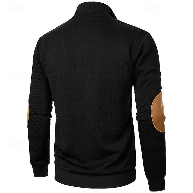 Men's Sweatshirt Black Wine Navy Blue Khaki Dark Gray Standing Collar Color Block Jacquard Patchwork Sports & Outdoor Daily Holiday Textured Streetwear Basic Casual Spring &  Fall Clothing Apparel