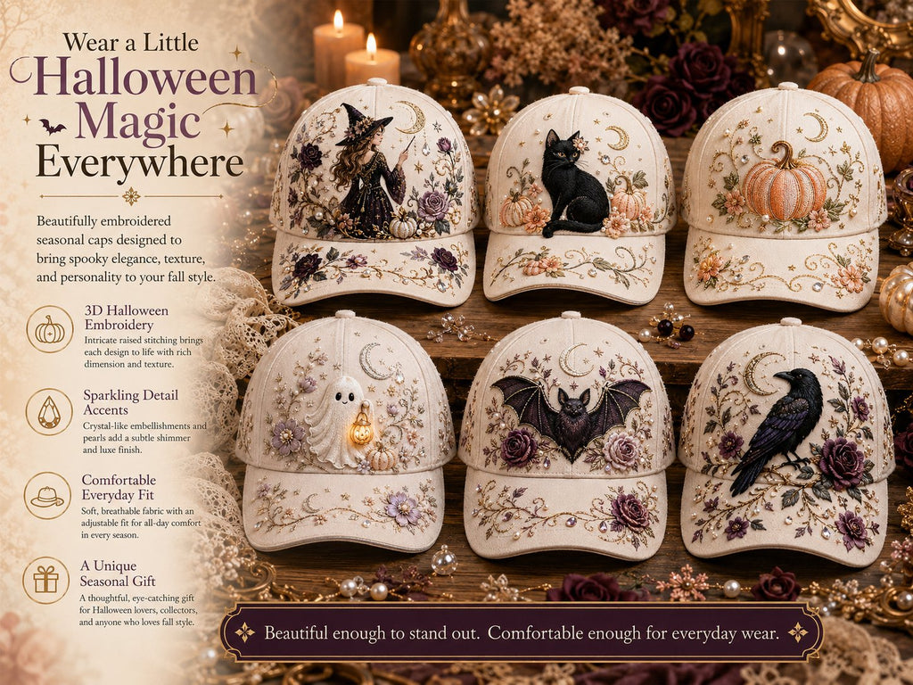 👻✨3D Halloween Embroidery Cap | Spooky Cute Adjustable Hat for Fall Outfits, Daily Styling & Halloween Parties