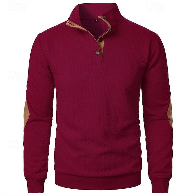 Men's Sweatshirt Black Wine Navy Blue Khaki Dark Gray Standing Collar Color Block Jacquard Patchwork Sports & Outdoor Daily Holiday Textured Streetwear Basic Casual Spring &  Fall Clothing Apparel