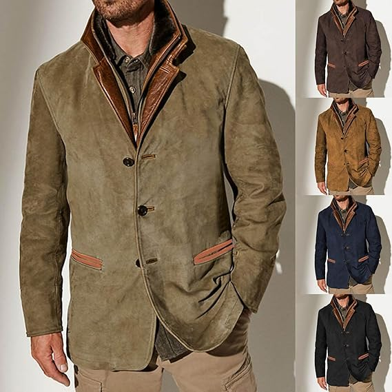 Men's Western Jackets Fleece Vintage Suede Leather Jacket 1/4 Zipper Button Winter Coat Casual Retro Outerwear