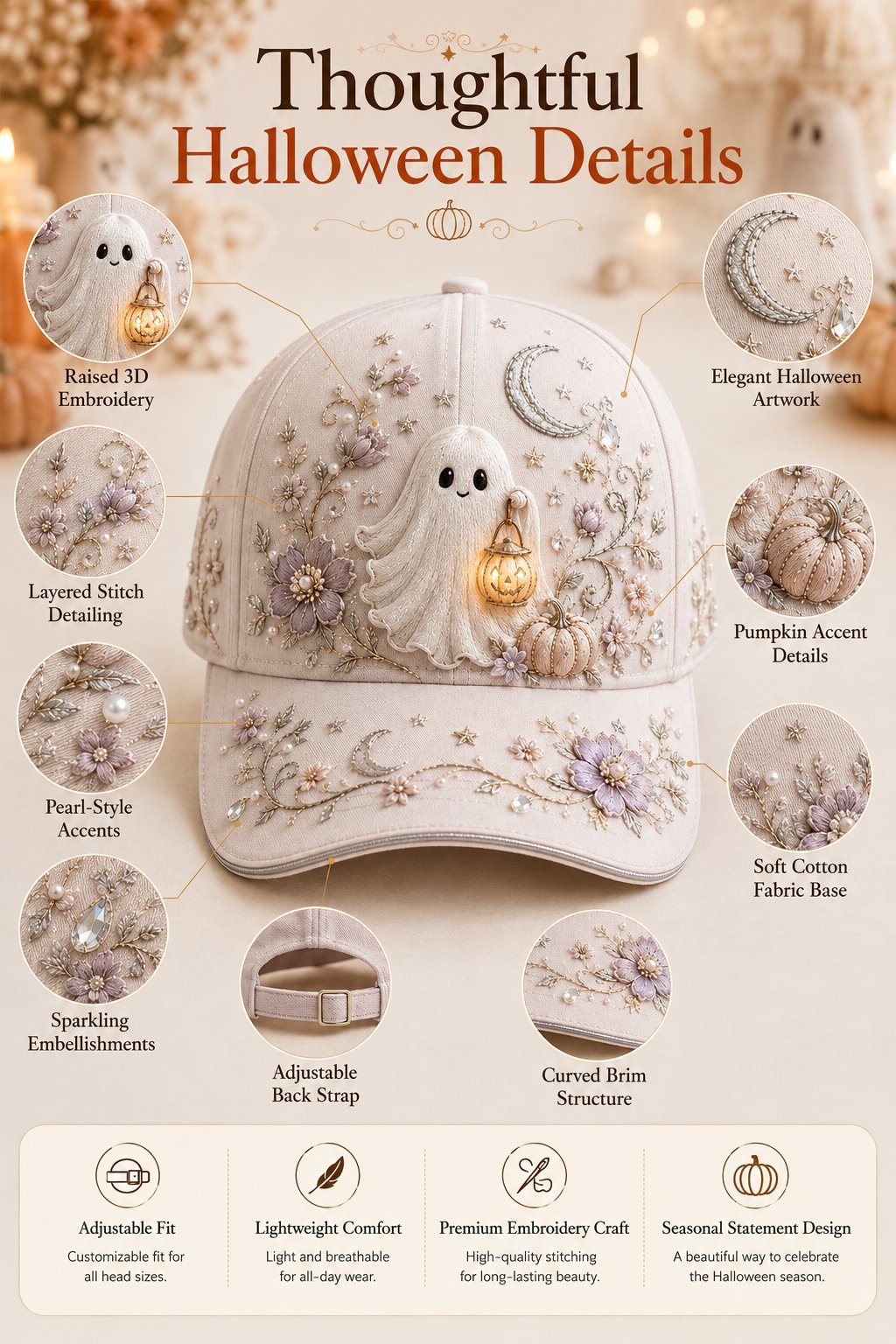 👻✨3D Halloween Embroidery Cap | Spooky Cute Adjustable Hat for Fall Outfits, Daily Styling & Halloween Parties