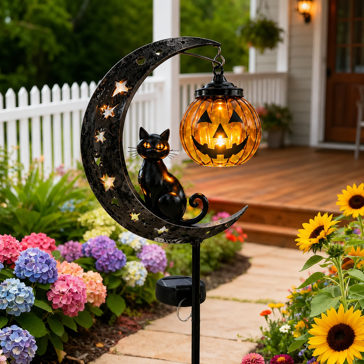 🎃 Solar Black Cat & Pumpkin Moon Garden Stake Light 🐈‍⬛– Magical Halloween Yard Décor