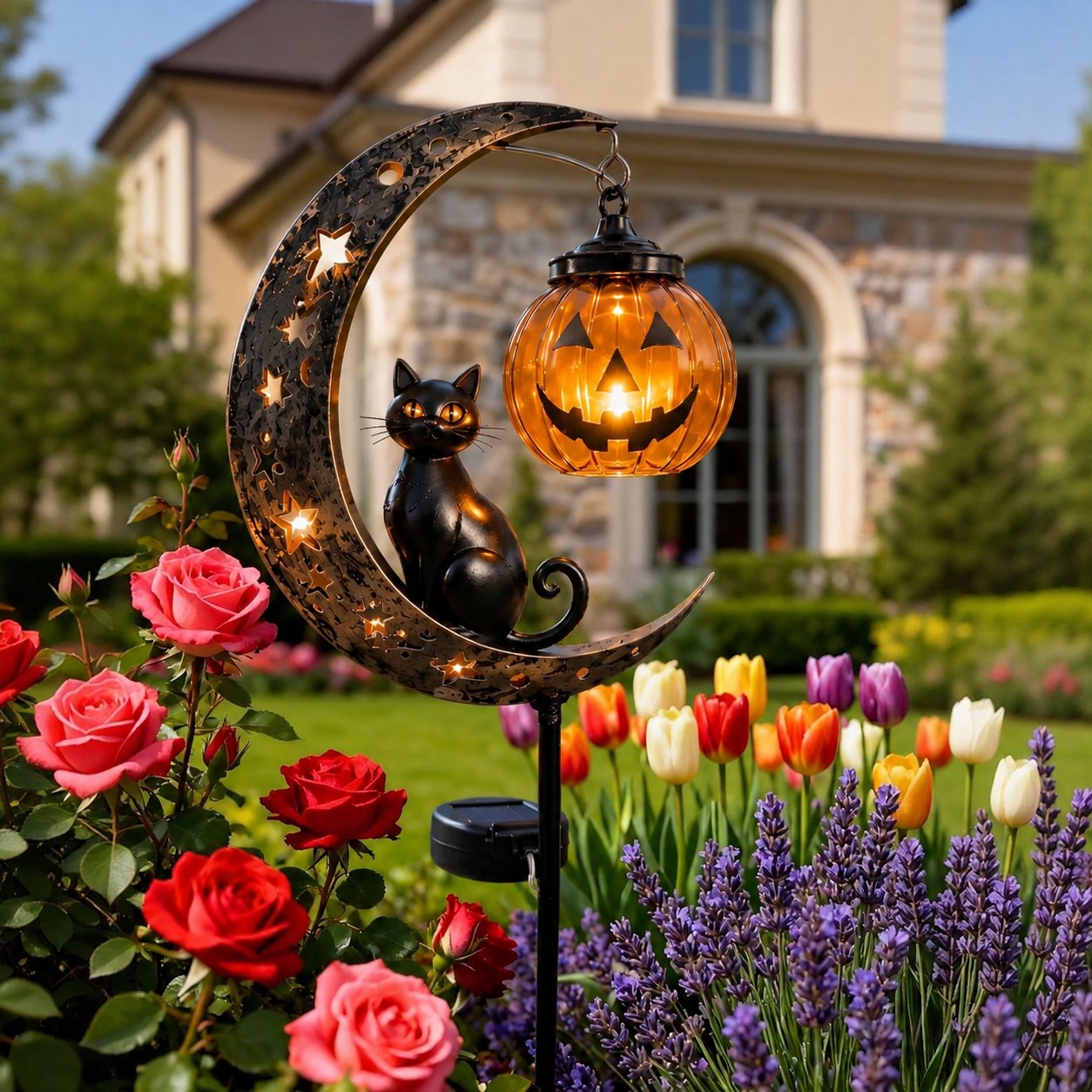 🎃 Solar Black Cat & Pumpkin Moon Garden Stake Light 🐈‍⬛– Magical Halloween Yard Décor