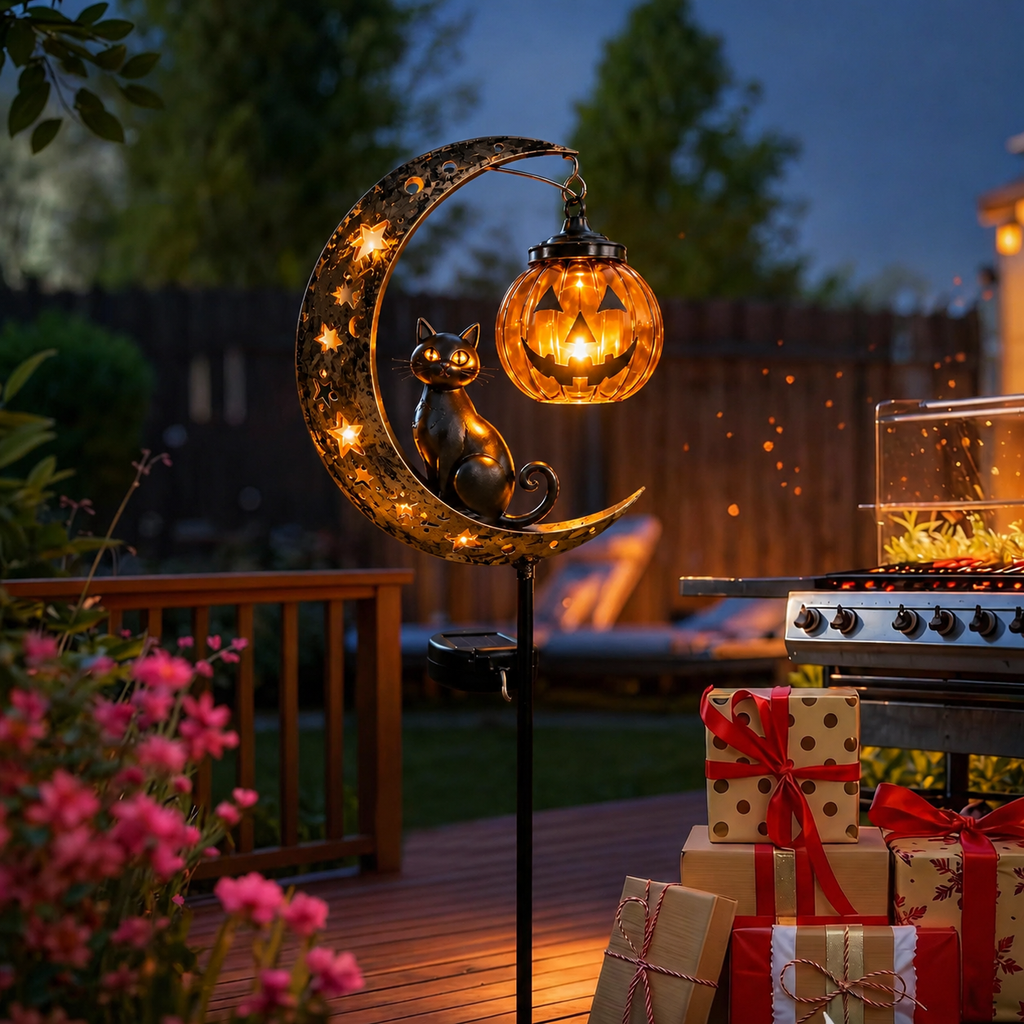 🎃 Solar Black Cat & Pumpkin Moon Garden Stake Light 🐈‍⬛– Magical Halloween Yard Décor