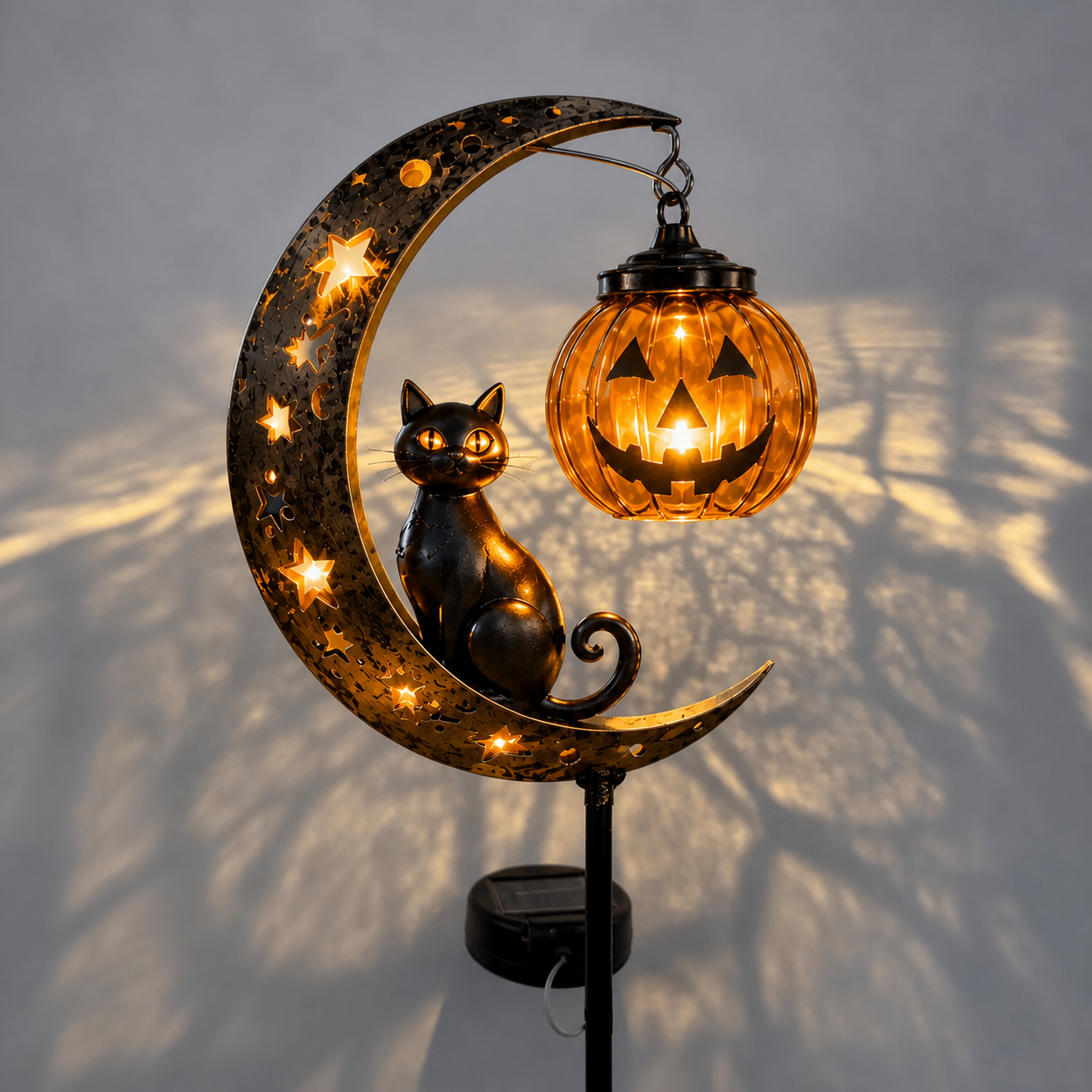 🎃 Solar Black Cat & Pumpkin Moon Garden Stake Light 🐈‍⬛– Magical Halloween Yard Décor